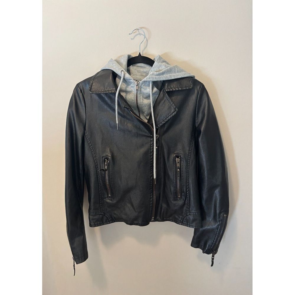John & Jenn Women's Biker‎ Moto Jacket Removable Hood Black Gray Medium
